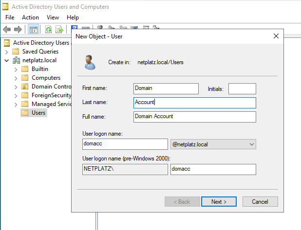 HomeLab: Creating a domain account and users.